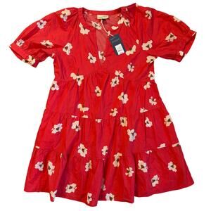 Universal Thread Red/Coral Pocketed Floral Puffed Short Sleeve Dress NWT- S